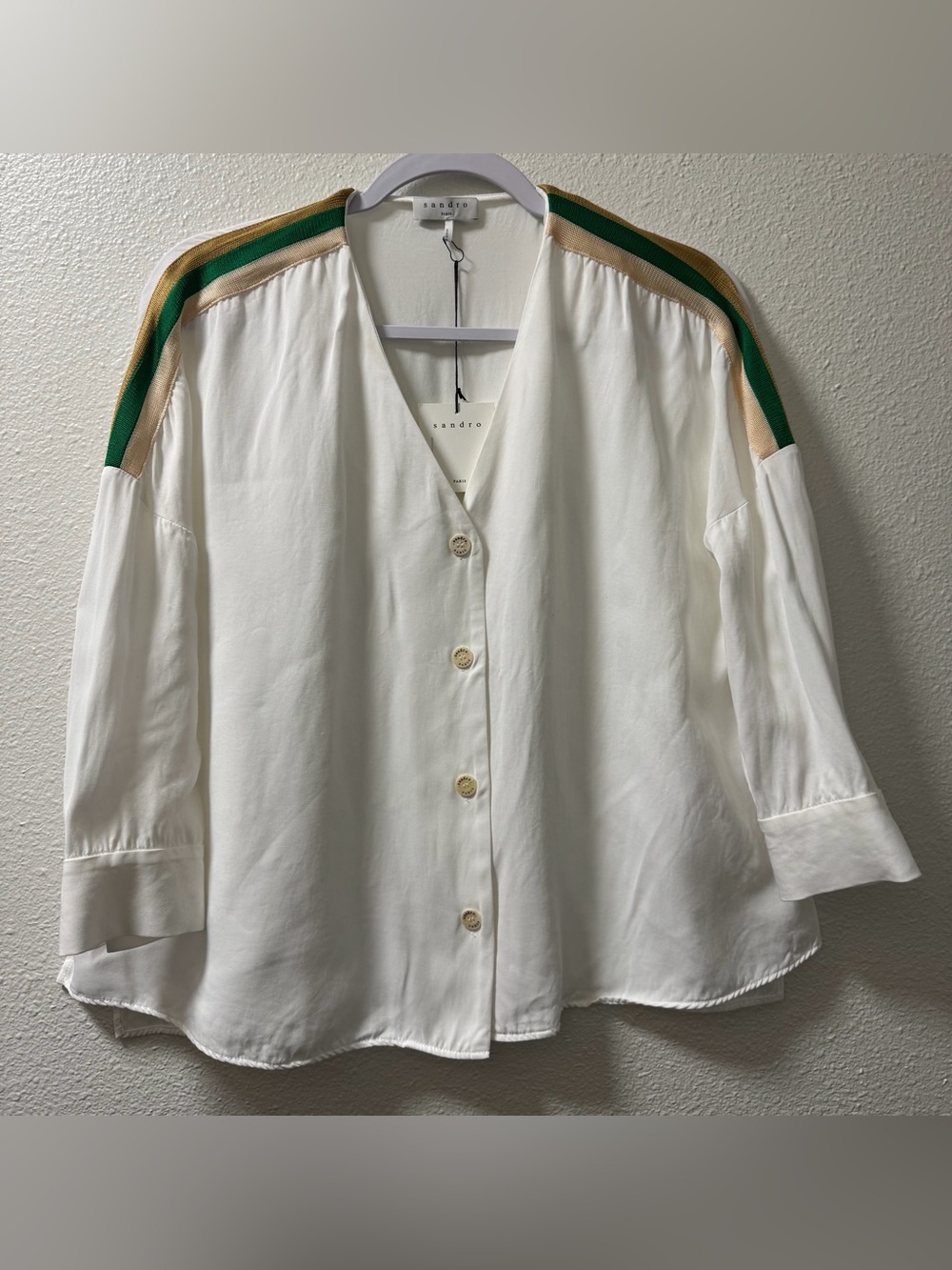 Sandro Leodine Button Blouse Striped Shoulder VNeck High Low Button Cuff Small